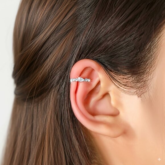 Ear Pear Shape 14K (or 18k upon request) White Gold Cuff Earrings - Picture 2 of 3